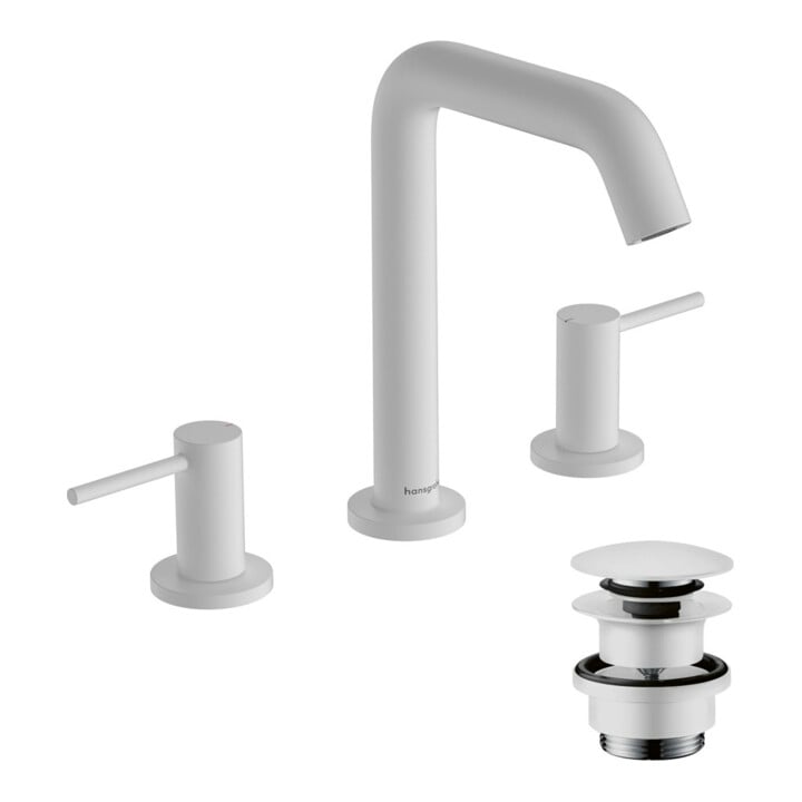 hansgrohe 3-Loch-Waschtischarmatur Tecturis S mit Push-Open-Ablaufgarnitur, mattweiß