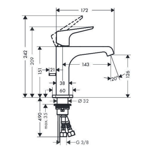 hansgrohe Einhebel-Waschtischmischer 125 E AXOR CITTERIO DN 15, mit Hebelgriff mit Zugstangen-Ablaufgarnitur 1 1/4" chrom