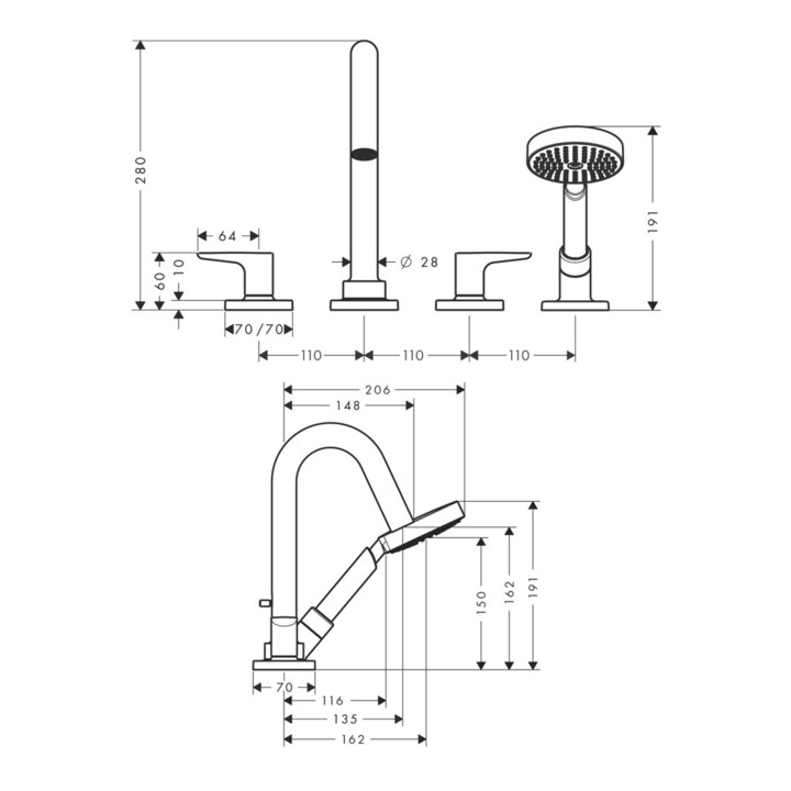 hansgrohe Fertigset Axor Citterio 4-Loch Wannenrandarmatur 135mm chrom