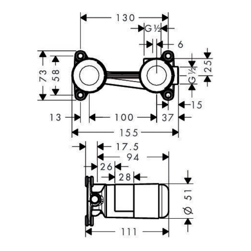 hansgrohe Grundkörper DN 15, für 2-Loch Waschtischarmatur, Unterputz