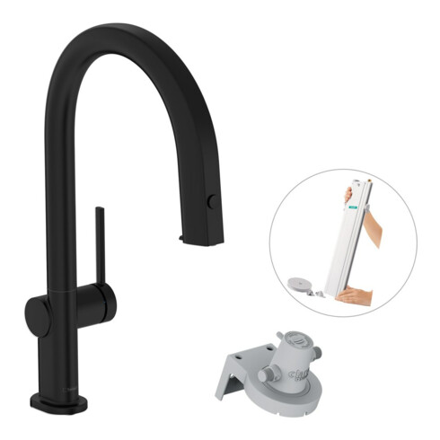 hansgrohe Mitigeur évier Aqittura M91 avec bec, sans filtre, 1 jet, sBox, noir mat