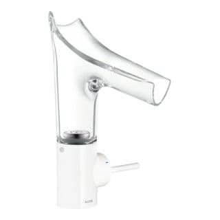 hansgrohe Mitigeur lavabo monocommande Axor Starck V 140 mm bec en verre, vidage libre, blanc