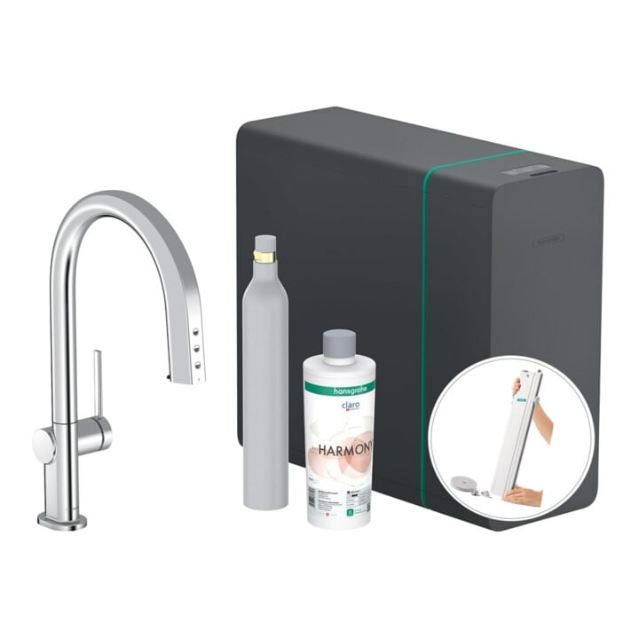 hansgrohe Mitigeur monocommande évier Aqittura M91 SodaSys 210, bec extractible, kit de démarrage, chromé