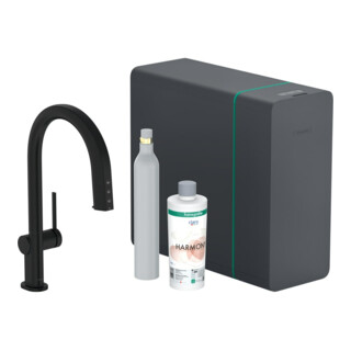 hansgrohe Mitigeur monocommande évier Aqittura M91 SodaSys 210, bec, set de démarrage, noir mat