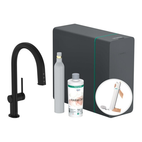 hansgrohe Mitigeur monocommande évier Aqittura M91 SodaSys 210, bec, set de démarrage, noir mat