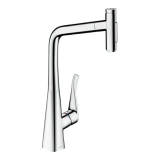 hansgrohe Mitigeur monotrou 2 trous Metris Select M71-320 chromé, bec pivotant extractible, 2 jets, sBox
