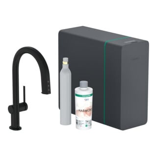 hansgrohe Mitigeur monotrou de cuisine Aqittura M91 SodaSys 210, bec, set de démarrage, mat noir