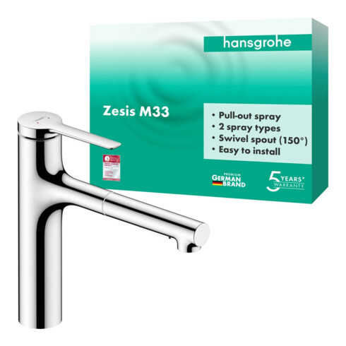 hansgrohe Mitigeur monotrou pour évier 160 Zesis M33 avec douchette extensible, 2 jets, chrome