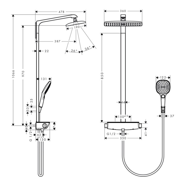 hansgrohe Showerpipe Raindance Select E Thermostat 9 l/min weiß/chrom