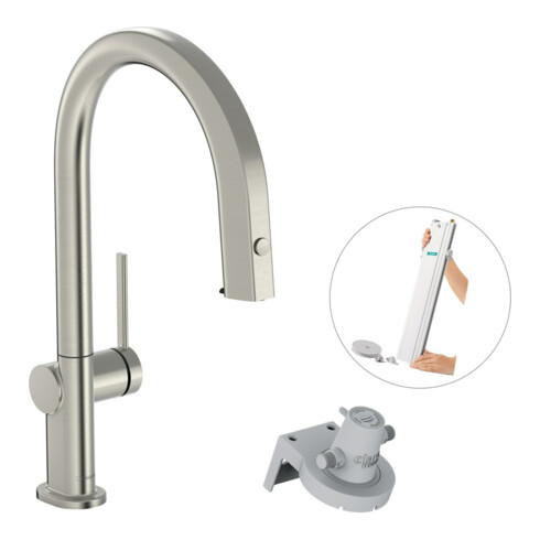 hansgrohe Spültisch-Einhebelmischer Aqittura M91 m Ausl, o Filt., 1j, sBox, Edelstahl-Optik