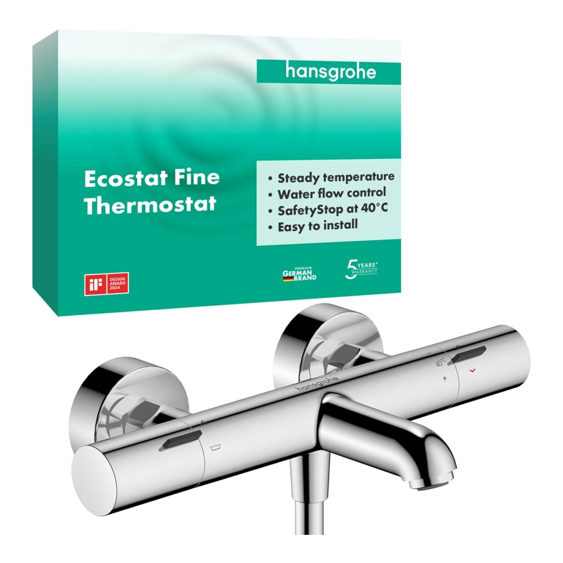 hansgrohe Thermostat de baignoire Ecostat Fine AP, sortie 177 mm, 2 consommateurs, chrome