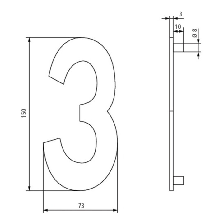 Hausnummer Ziffer 3 VA schwarz 150mm B.73mm INTERSTEEL