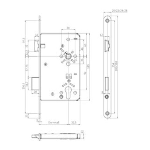 Haustür-Einsteckschloss 0024 PZ DIN R Dorn 65mm Entf. 92mm VK 10mm Stulp 22mm