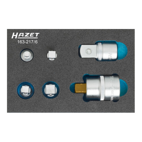HAZET adapterset 163-217/6 Vierkant hol 6,3 mm (1/4 inch), Vierkant hol 10 mm (3/8 inch), Vierkant hol 12,5 mm (1/2 inch), Vierkant hol 20 mm (3/4 inch) Vierkant massief 6,3 mm (1/4 inch), Vierkant massief