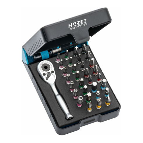 HAZET Bitset 863MBIT/33 Zeskant massief 6,3 (1/4 inch) inwendig zeskant profiel, kruisgleuf profiel PH, Tamper Resistant TORX profiel, sleuf profiel, Pozidriv profiel PZ Aantal gereedschappen: 33