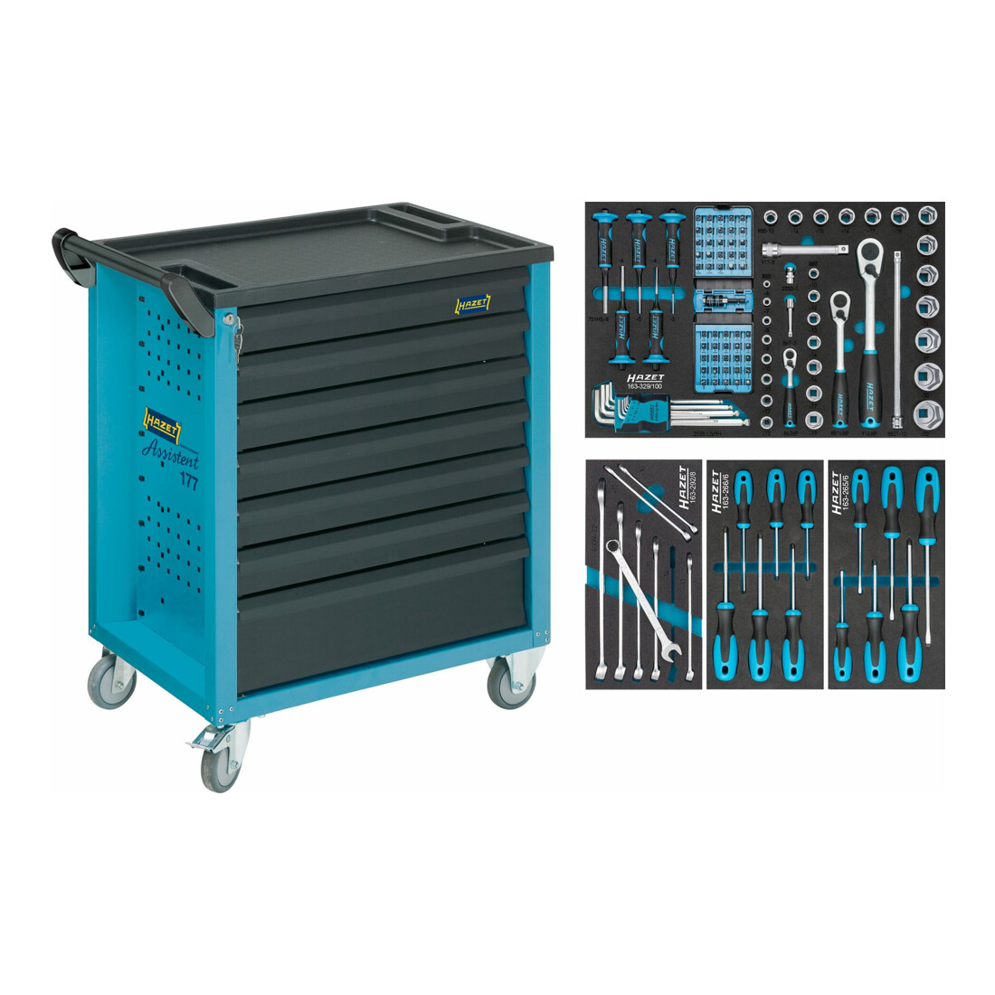 HAZET Carrello per officina Assistent con assortimento 177-7/120 cassetti piatti: 6x80x527x348mm cassetti alti: 1x165x527x348mm, 120pz.