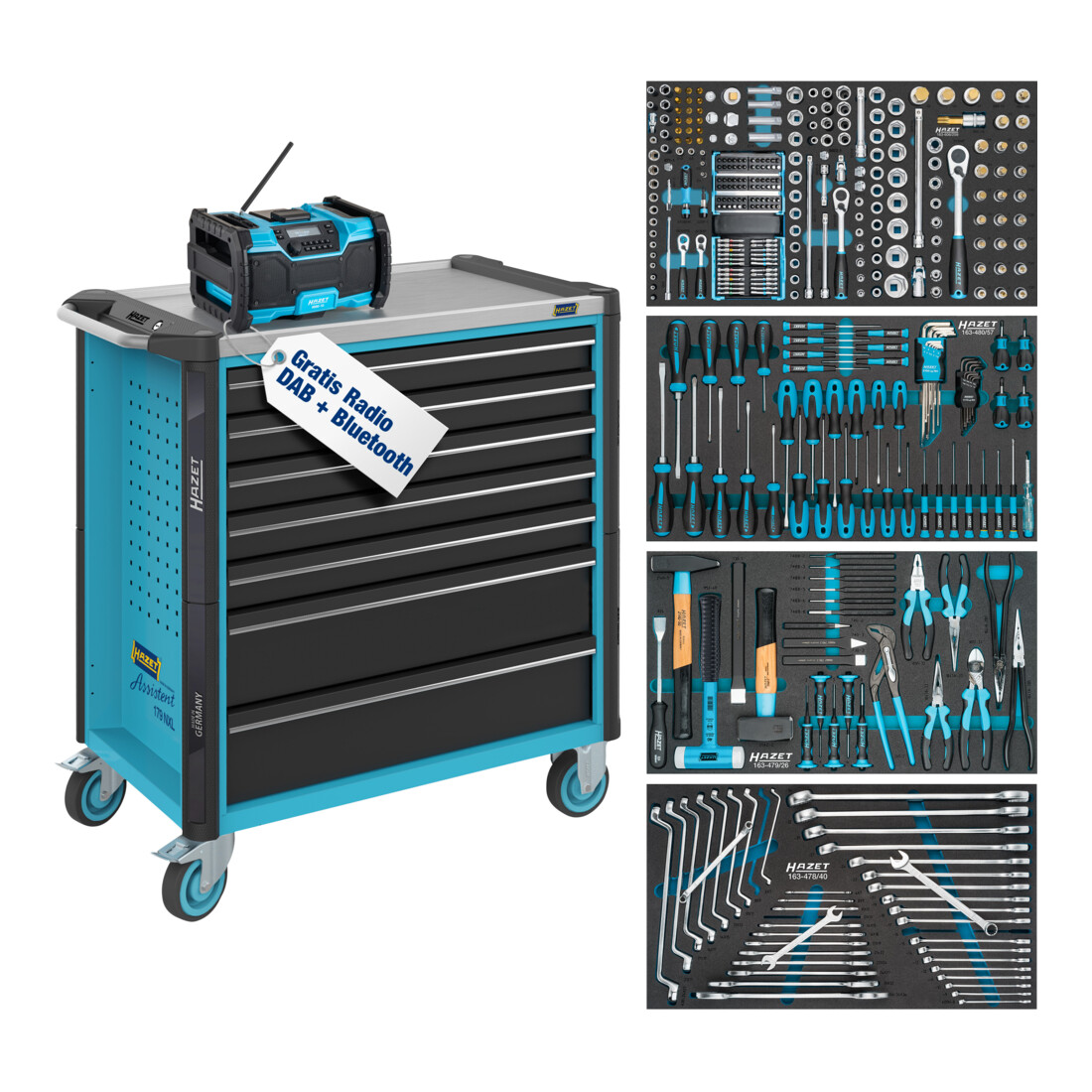 HAZET Chariot d'atelier Assistant 179NXL, assortiment 179NXL-7/382, 382 pcs, tiroirs plats : 5× 81 x 696 x 398 mm, tiroirs hauts : 2× 166 x 696 x 398 mm