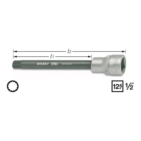 HAZET Cilinderkop-dopsleutelbit 2751 ∙ Vierkant hol 12,5 mm (1/2 inch) ∙ Binnenveeltandprofiel XZN ∙ M10