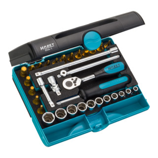 HAZET doppenset 854-1 vierkant hol 6,3 mm (1/4 inch) buitenzeskant tractieprofiel, binnenzeskant tractieprofiel, kruissleufprofiel PH, Pozidriv profiel PZ, sleufprofiel Aantal gereedschappen: 33