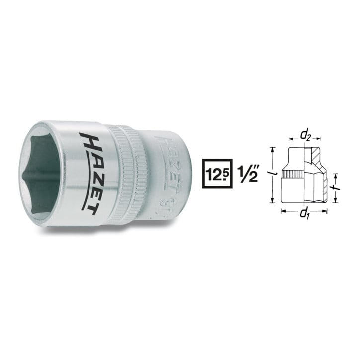 HAZET Dopsleutel ∙ zeskant 900-16 ∙ Vierkant hol 12,5 mm (1/2 inch) ∙ Buiten-zeskant-tractieprofiel ∙ 16 mm
