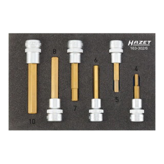 HAZET Dopsleutelbitset 163-302/6 ∙ Vierkant hol 10 mm (3/8 inch) ∙ Binnen-zeskant-profiel ∙ 4 – 10 ∙ Aantal gereedschappen: 6