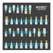 HAZET Dopsleutelbitset 163-407/35 ∙ Vierkant hol 12,5 mm (1/2 inch) ∙ Binnen-zeskant-profiel, Binnenveeltandprofiel XZN, Binnenspieprofiel Ribe-CV, Binnen-TX-profiel ∙ 4 – 22 ∙ M5 – M18 ∙ T20 – T60 ∙ Aantal gereedschappen: 35