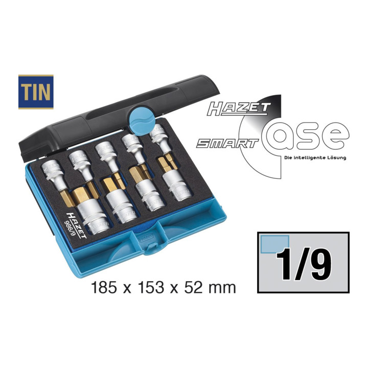 HAZET Dopsleutelbitset 986/9 ∙ Vierkant hol 12,5 mm (1/2 inch) ∙ Binnen-zeskant-profiel ∙ 5 – 19 ∙ Aantal gereedschappen: 9