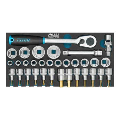 HAZET dopsleutelset 163-272/32 vierkant hol 12,5 mm (1/2 inch) uitwendig dubbel zeskant tractieprofiel, inwendig TX profiel, inwendig zeskant profiel Aantal gereedschappen: 32