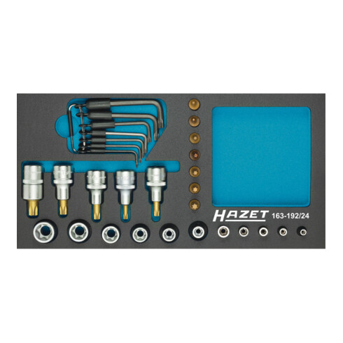 HAZET Dopsleutelset ∙ TX 163-192/24 ∙ Vierkant hol 12,5 mm (1/2 inch), Vierkant hol 6,3 mm (1/4 inch) ∙ Buiten-TX-profiel, Binnen-TX-profiel ∙ T8 – T55 ∙ E5 – E20 ∙ Aantal gereedschappen: 24