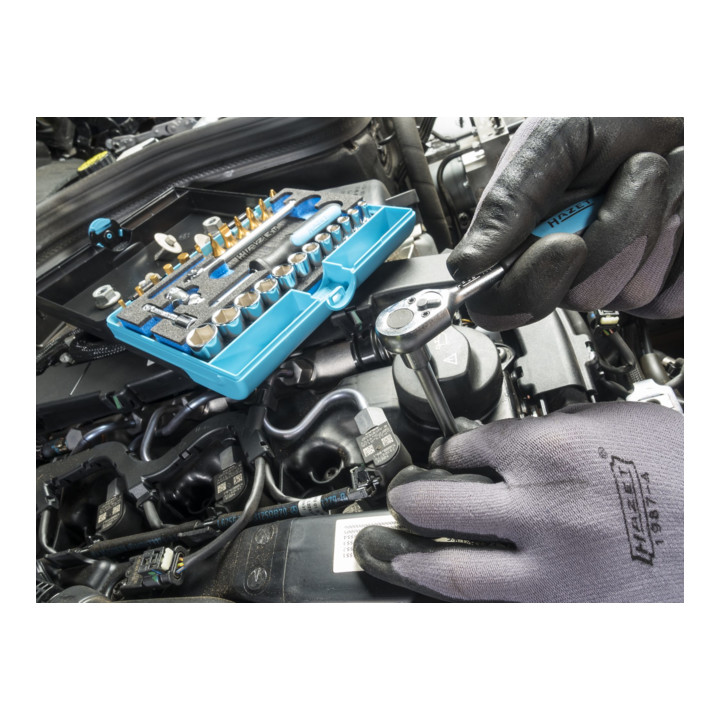 HAZET dopsleutelset 854 vierkant hol 6,3 mm (1/4 inch) buitenzeskant tractieprofiel, binnenzeskant profiel, kruissleuf profiel PH, Pozidriv profiel PZ, sleuf profiel Aantal gereedschappen: 30