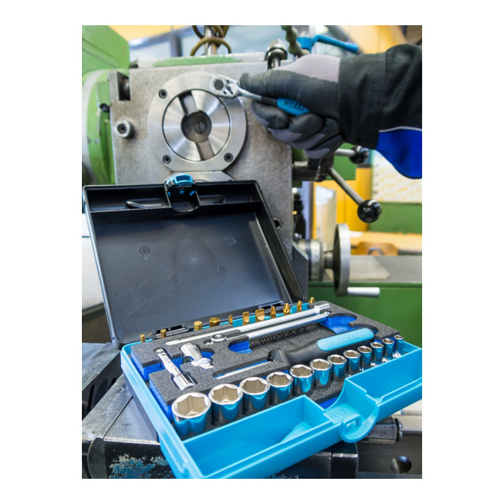 HAZET dopsleutelset 854 vierkant hol 6,3 mm (1/4 inch) buitenzeskant tractieprofiel, binnenzeskant profiel, kruissleuf profiel PH, Pozidriv profiel PZ, sleuf profiel Aantal gereedschappen: 30