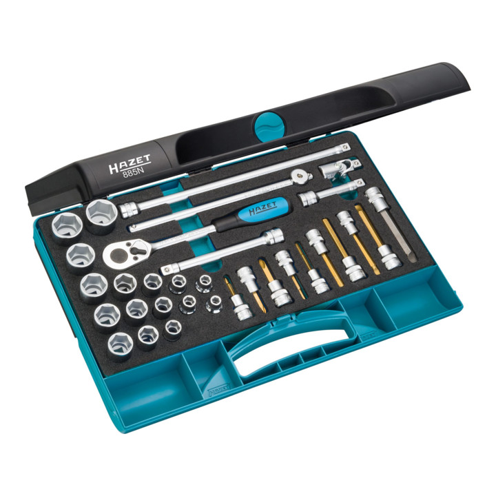 HAZET dopsleutelset 885N vierkant hol 10 mm (3/8 inch) buitenzeskant tractieprofiel, binnenzeskant profiel, kruissleuf profiel PH, sleuf profiel Aantal gereedschappen: 32