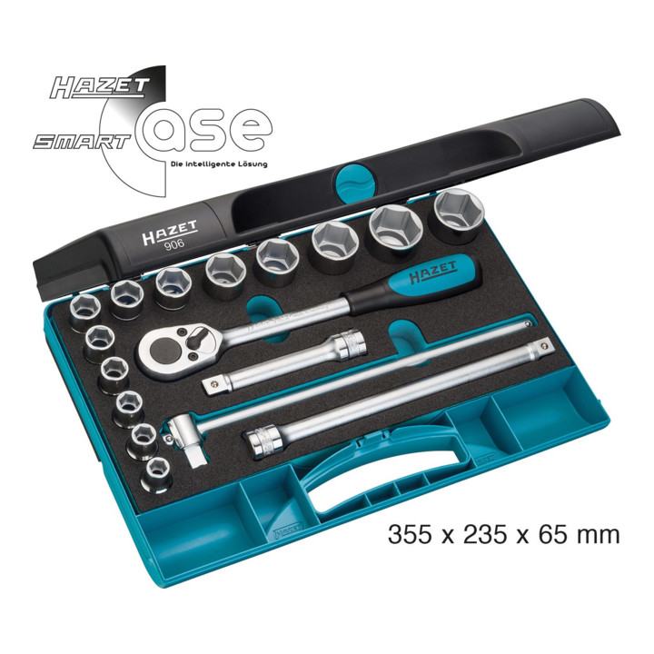 HAZET Dopsleutelset 906 ∙ Vierkant hol 12,5 mm (1/2 inch) ∙ Buiten-zeskant-tractieprofiel ∙ 10 ∙ 11 ∙ 12 ∙ 13 ∙ 14 ∙ 15 ∙ 17 ∙ 19 ∙ 22 ∙ 24 ∙ 27 ∙ 30 ∙ 32 ∙ Aantal gereedschappen: 17