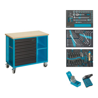 HAZET Fahrbare Werkbank mit Sortiment 177W-7/169 Schubladen flach: 6 x 80 x 527 x 348 mm Schubladen hoch: 1 x 165 x 527 x 348 mm Anzahl Werkzeuge: 169
