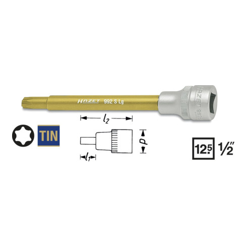 HAZET Inserto chiave a bussola per giravite TORX® per le pompe del refrigerante 992SLG-T30, Attacco quadro, cavo, 12,5mm (1/2"), Profilo interno TORX®, T30