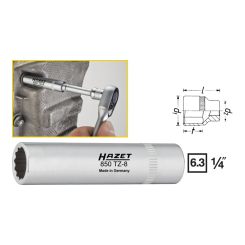 HAZET Inserto per rivestimento carter della catena 850TZ-8, Attacco quadro, cavo, 6,3mm (1/4"), Profilo trazione doppio esagono esterno, 8mm