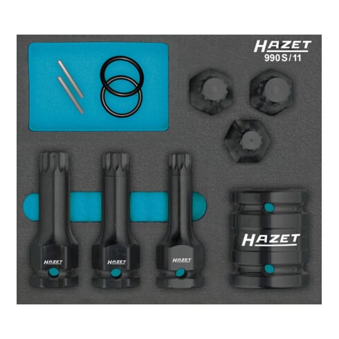 HAZET Krachtdopsleutelbitset 990S/11 ∙ Vierkant hol 20 mm (3/4 inch), Vierkant hol 12,5 mm (1/2 inch), Buitenzeskant 24 mm ∙ Binnenveeltandprofiel XZN ∙ M14 ∙ M16 ∙ M18 ∙ Aantal gereedschappen: 11