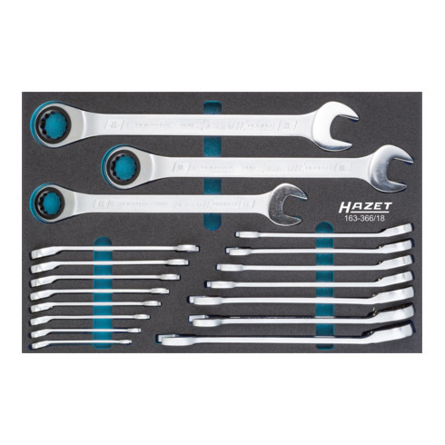 HAZET ratelringsleutelset 163-366/18 uitwendig dubbel zeskantig tractieprofiel 8 - 32 Aantal gereedschappen: 18