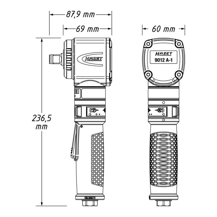 HAZET Schlagschrauber, abgewinkelt 9012A-1 ∙ Lösemoment maximal: 450 Nm ∙ Vierkant massiv 12,5 mm (1/2 Zoll) ∙ Jumbo Hammer-Schlagwerk