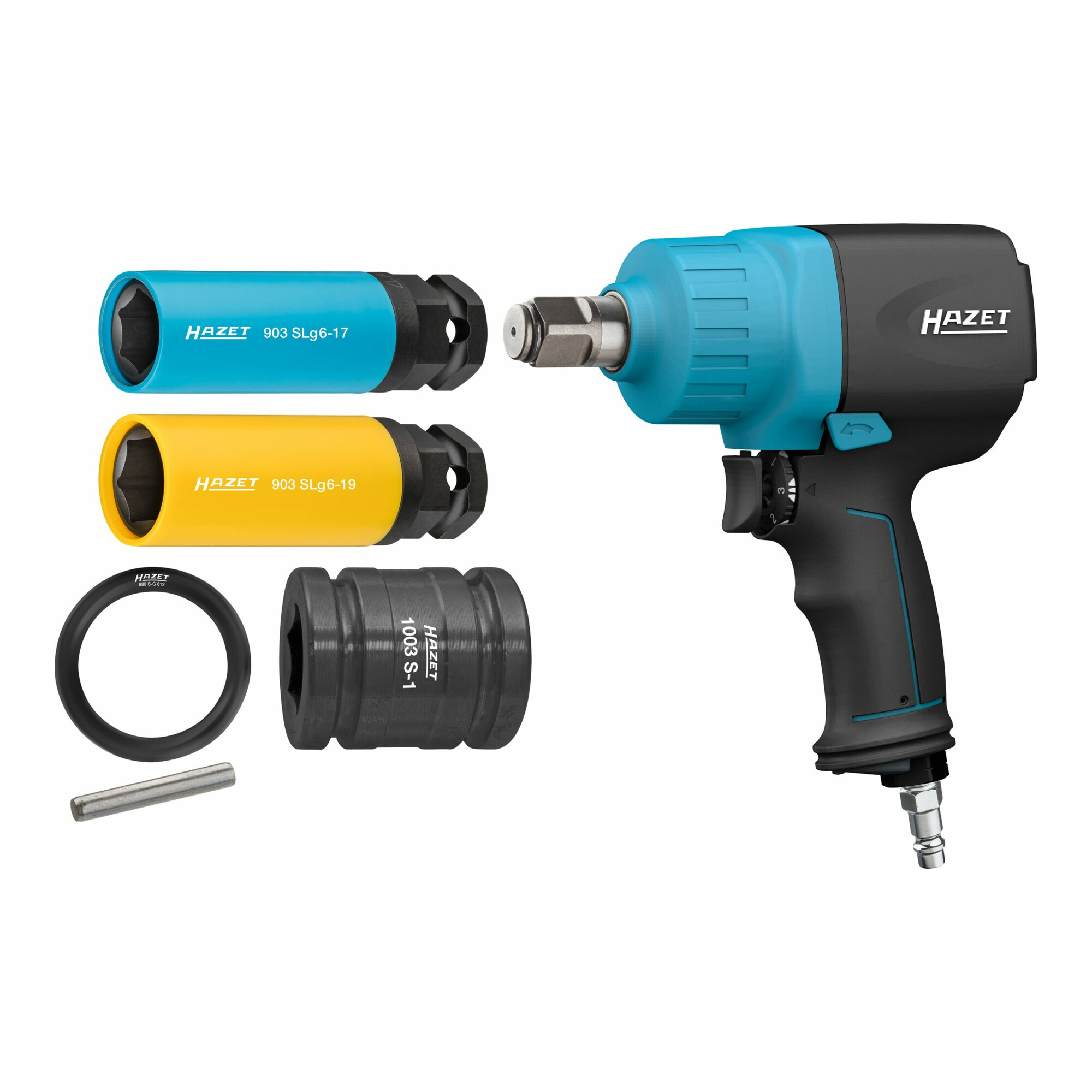 HAZET Schlagschrauber mit sortiment 9013M/6 Lösemoment maximal: 1890 Nm Vierkant massiv 20 mm (3/4 Zoll) Hochleistungs-Doppelhammer-Schlagwerk