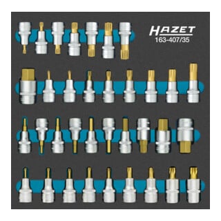 HAZET Schraubendreher-Steckschlüsseleinsatz-Satz 163-407/35 Vierkant hohl 12,5 mm (1/2 Zoll) Innen-Sechskant Profil, Innen Vielzahn Profil XZN, Innen Keilprofil Ribe-CV, Innen TX Profil Anzahl Werkzeuge: 35