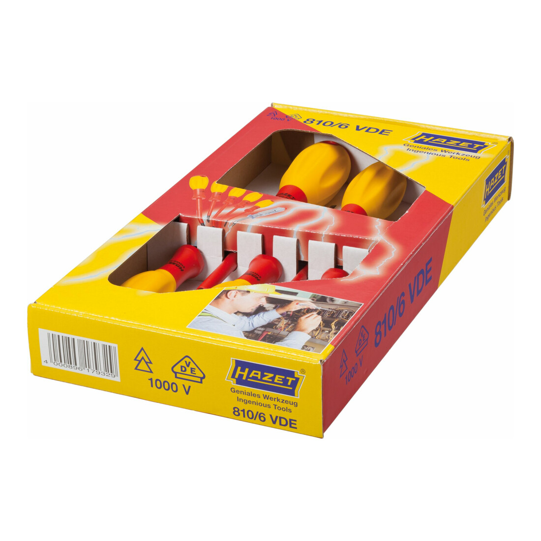 HAZET Serie di giraviti, con isolamento di protezione 810/6VDE, Profilo ad intaglio, Profilo intaglio a croce PH, 0,4 x 2,5 – 0,8 x 4, PH1 – PH2
