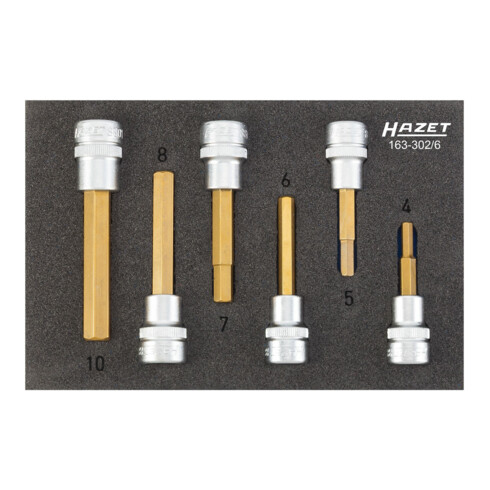 HAZET Serie di inserti chiave a bussola per giraviti 163-302/6, Attacco quadro, cavo, 10mm (3/8"), Profilo esagonale interno, 4 – 10