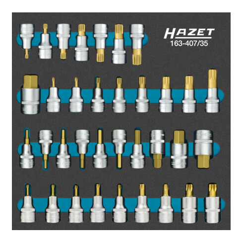 HAZET Serie di inserti chiave a bussola per giraviti 163-407/35, Attacco quadro, cavo, 12,5mm (1/2"), Profilo esagonale interno, Profilo poligonale interno XZN, Profilo cuneo interno RIBE CV, Profilo interno TORX®, 4 – 22, M5 – M18, T20 – T605