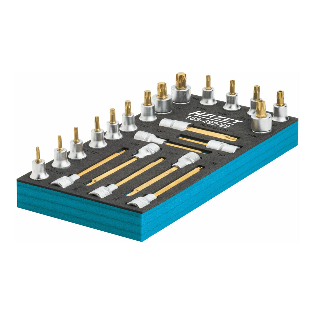 HAZET Set di chiavi a bussola e bussole con inserti TX 163-492/22 quadro cavo 12,5mm (1/2 pollice) profilo interno TX, Profilo TX Tamper Resistant, T 20 - T 70, pz.22