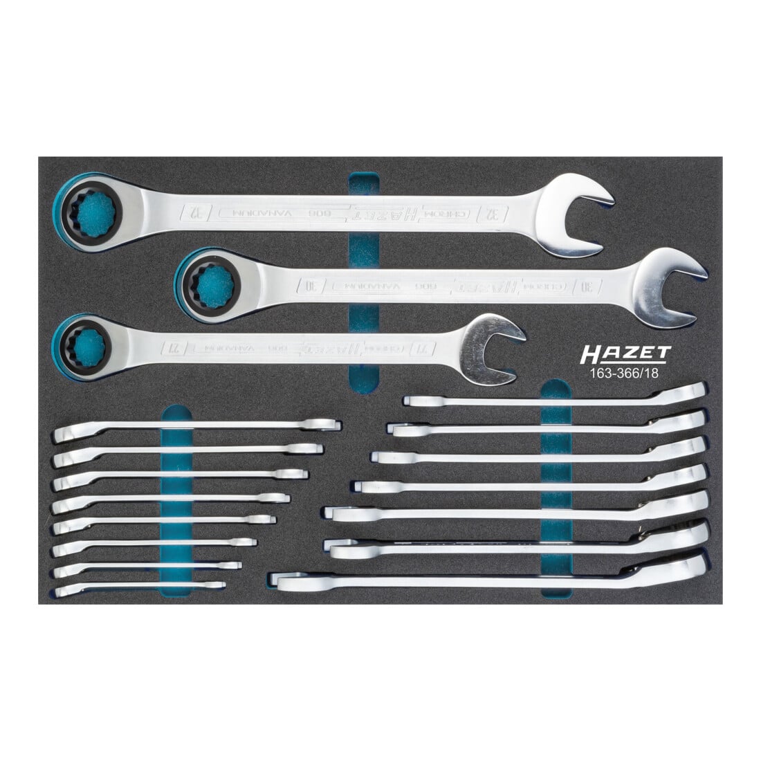HAZET Set di chiavi combinate a cricchetto 163-366/18, profilo esterno a doppio esagono Traction 8 - 32, 18pz.
