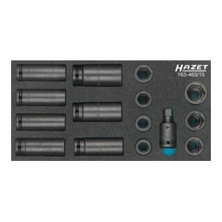 HAZET Slagmoer-, machineschroevendraaierset 163-463/15 vierkant hol 12,5 mm (1/2 inch) buitenzeskant tractieprofiel Aantal gereedschappen: 15
