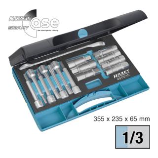 HAZET Stoßdämpfer-Werkzeug-Satz 4915/15 ∙ Vierkant hohl 12,5 mm (1/2 Zoll) ∙ Innen TORX® Profil, Innen-Sechskant Profil, Zapfenprofil hohl, Außen-Sechskant Profil ∙ Abmessung: 355 x 235 x 65 ∙ Anzahl Werkzeuge