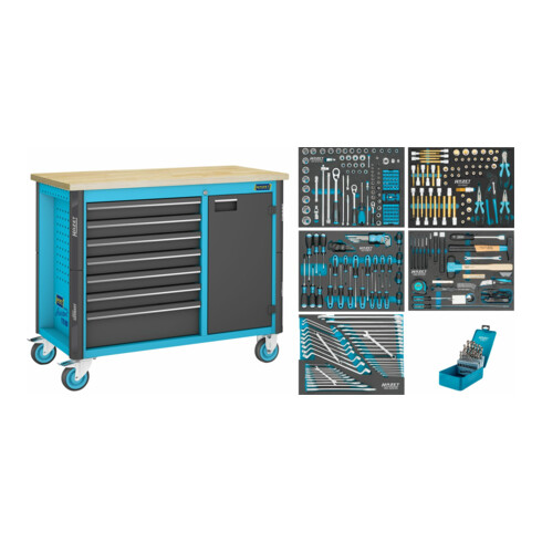 HAZET Werkbank, fahrbar Assistent 179NW, Sortiment 179NW-7/210, 210-teilig, Schubladen, flach: 6 x 81 x 522 x 398 mm, Schubladen, hoch: 1 x 166 x 522 x 398 mm