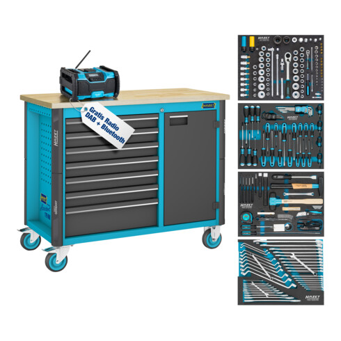 HAZET Werkbank, fahrbar Assistent 179NW, Sortiment 179NW-7/210, 210-teilig, Schubladen, flach: 6 x 81 x 522 x 398 mm, Schubladen, hoch: 1 x 166 x 522 x 398 mm